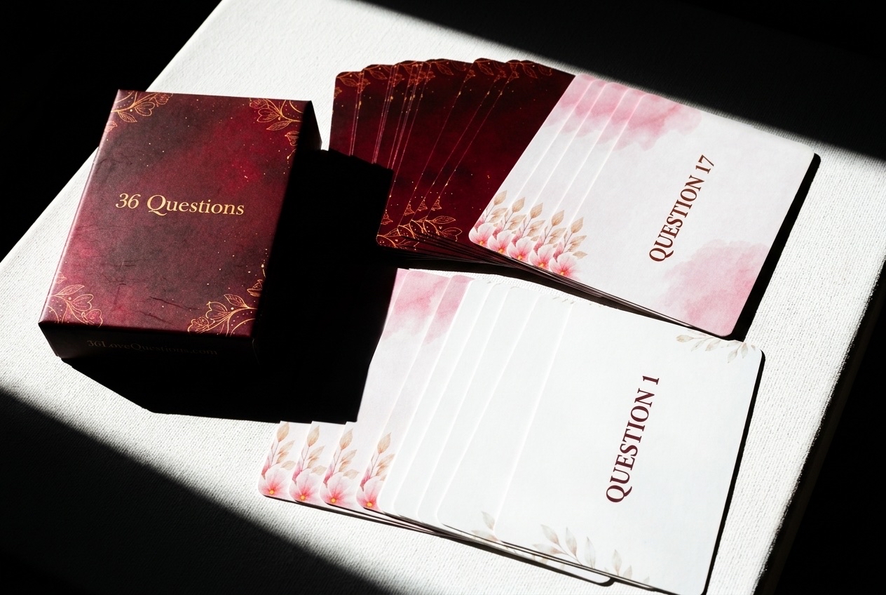 36 Questions card game laid out in dramatic light — a tool for building emotional intimacy