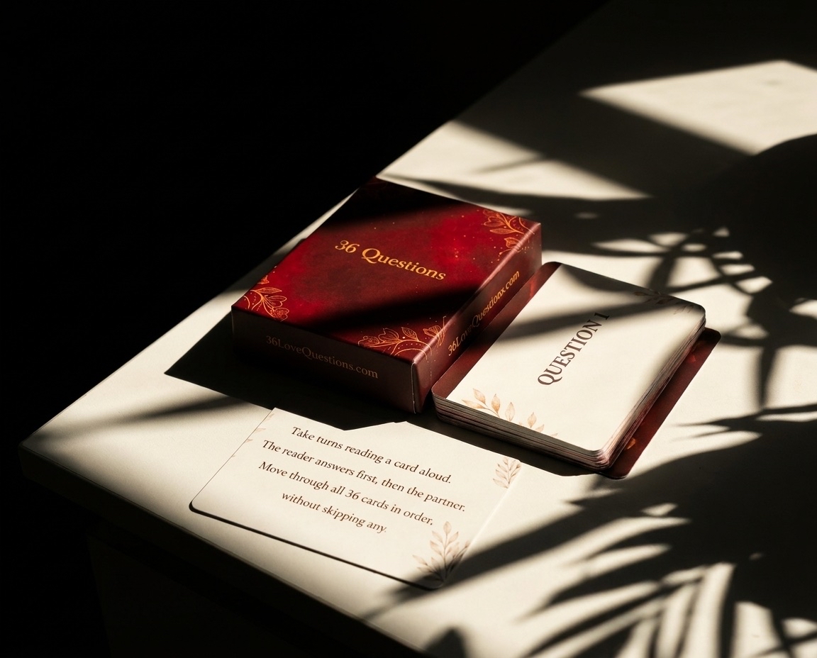 36 Love Questions deck and instruction card lit by warm sunlight on a tabletop