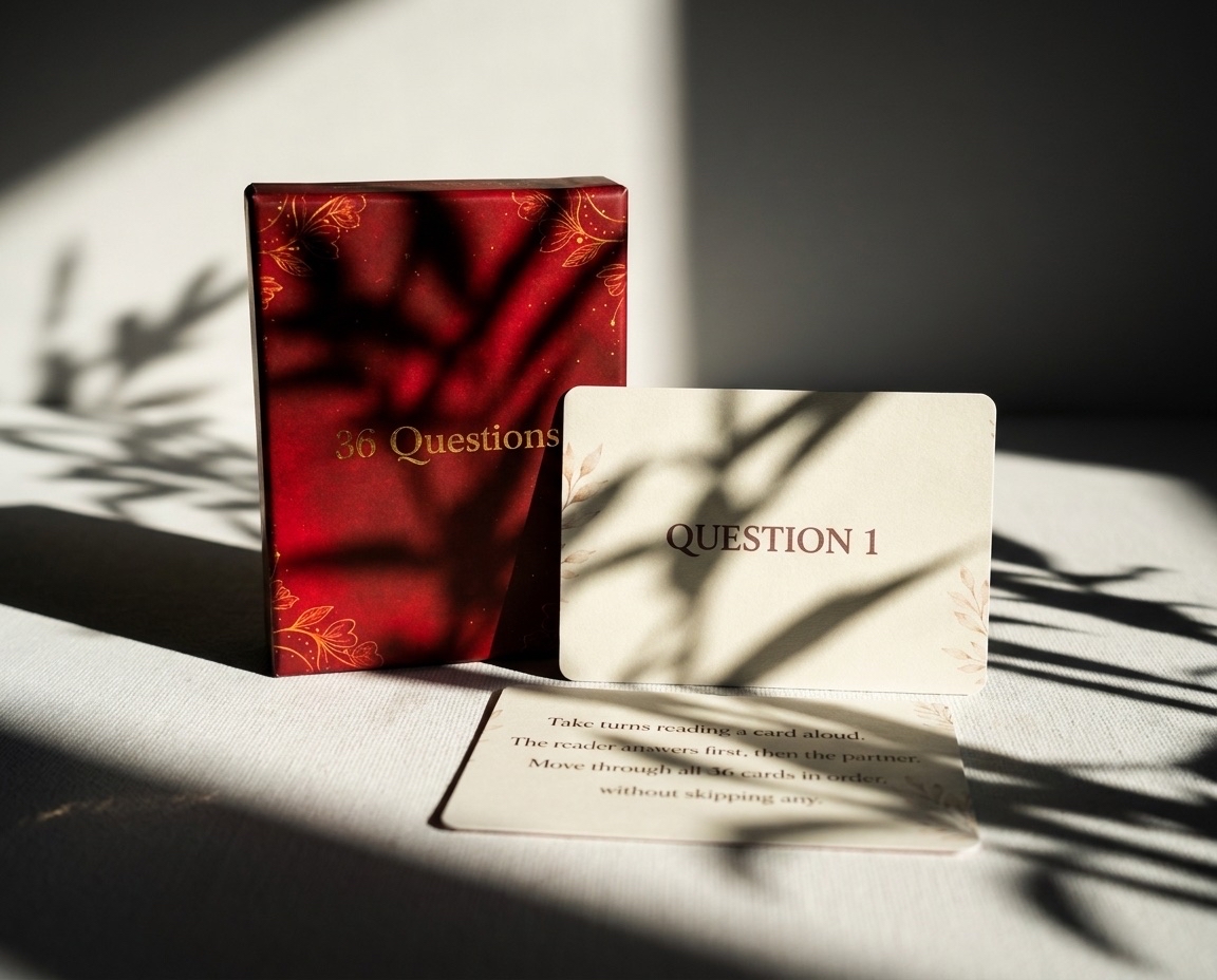 36 Love Questions box with the Question 1 card and instruction card on a soft surface
